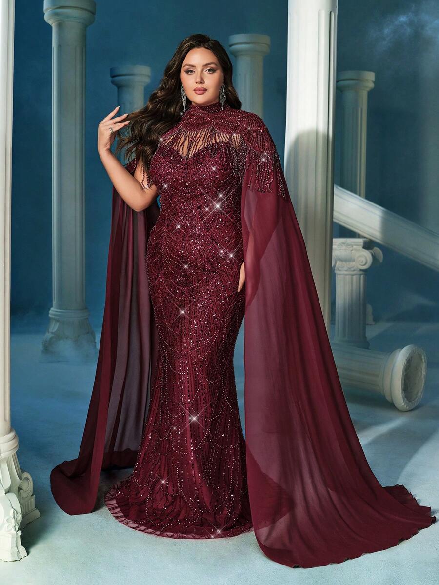 LUVISTRUE Plus Size Sequin Embellished Stand Collar Formal Dress Gown, Suitable For Formal Dinner (Highly Decorative) Wedding Spring - Burgundy - View 1