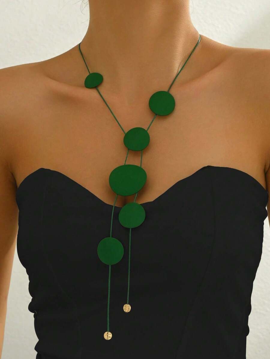 1件时尚优雅几何圆形光滑拉丝不对称蛇形链项链，百搭长项链，女士时尚饰品 - 綠色 - 查看 1