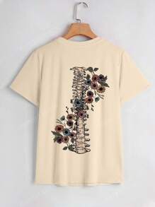Maglietta da donna con stampa motivazionale di fiore e scheletro, maglietta semplice e casual, a maniche corte, girocollo, di colore unito, adatta all'uso quotidiano