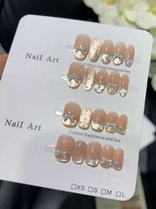 10 片法式粉色猫眼蓝色波尔卡圆点手工假指甲，手工指甲贴片，适合清新可爱的女孩约会，按压指甲，美甲用品，指甲 - 粉色 - 查看 1