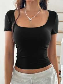 Women's Solid Color Knit Square Neck Sexy Fitted Cropped Waist T-Shirt, Y2K Style - Black - View 8