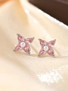 1 Pair S925 Sterling Silver Zirconia Flower Simple Elegant Elegant Versatile Earrings Studs, Ideal For Women, Daily, School, Commute, Jewelry Gift For Classmates, Sisters, Daughters, Birthday