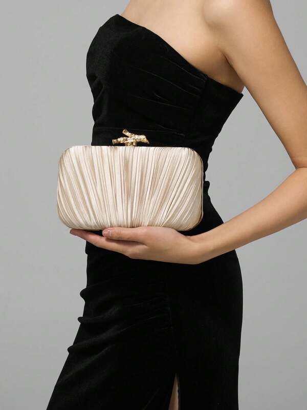 Women's Elegant Pleated Box Design Party Handbag, Luxury Rhinestone Clutch, Charming Formal Evening Bag Suitable For Date, Dance, Birthday, Party And Other Formal Occasions,Pleated Satin Design Box Shape Evening Clutch, Formal Banquet Handbag For Party, Formal Dress, Ball, Wedding