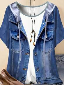 Áo thun ngắn tay nữ cỡ lớn chất liệu denim tổng hợp [Họa tiết denim/Họa tiết denim tổng hợp] Thanh lịch, phong cách thường ngày, thích hợp cho kỳ nghỉ - Màu xanh lam - Xem 1