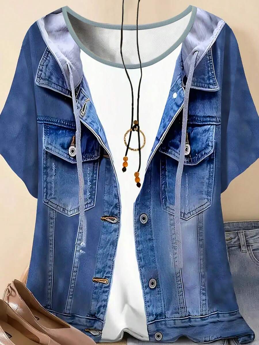 Áo thun ngắn tay nữ cỡ lớn chất liệu denim tổng hợp [Họa tiết denim/Họa tiết denim tổng hợp] Thanh lịch, phong cách thường ngày, thích hợp cho kỳ nghỉ - Màu xanh lam - Xem 1