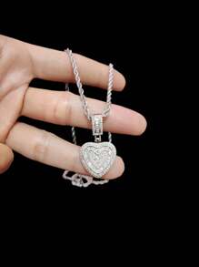1pc Cubic Zirconia Heart Pendant With 5mm Tennis Chain, Unisex Hip Hop Vintage Pendant Necklace, Suitable For Daily Wear Or Party, Gift For Valentine