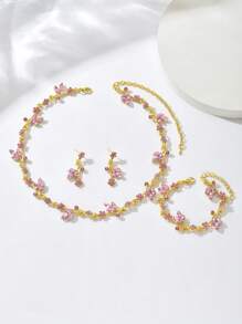 1 pièce Collier + 1 paire de boucles d'oreilles + 1 pièce Bracelet Ensemble de bijoux, 4 pièces de style élégant Bijoux de mariée, convient pour la saison des mariages