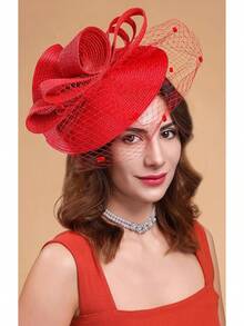 Derby Fascinators Women High Tea Party Hat Wedding Cocktail Flower Headware With Mesh And Feathers - Z-f0271-red - View 2