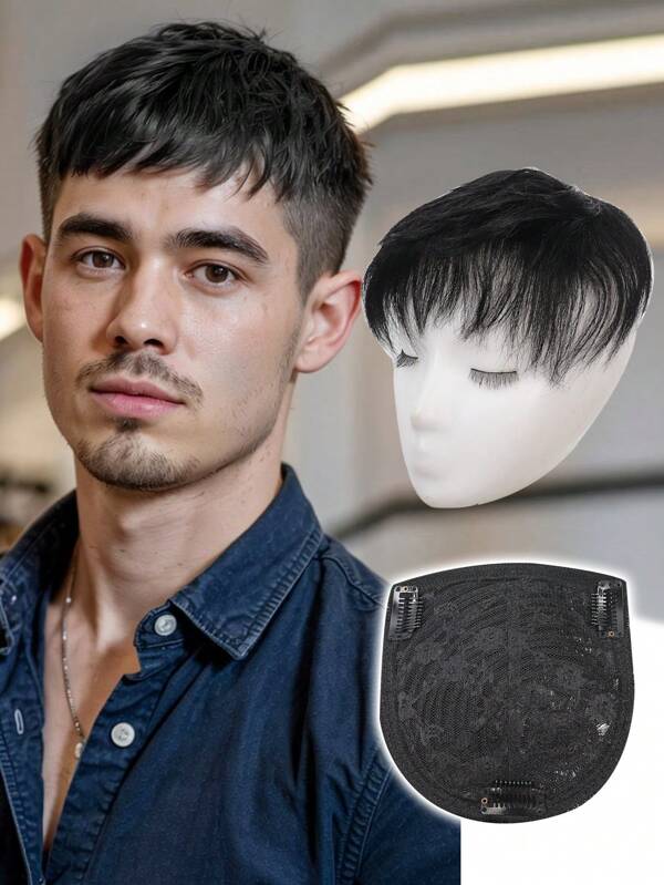 Männer Kurze Vorderteil Haarverlängerung (Naturschwarz) zum Abdecken von weißen Haaren, schütternem Haar (Naturhaar)