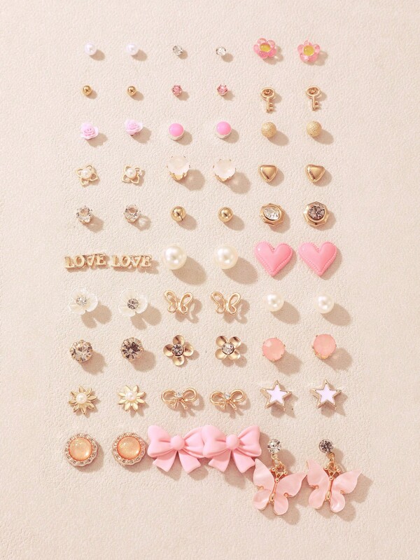30 paires/set Boucles d'oreilles à tige assortiment de style doux de conception papillon rose et cœur coloré pour enfants