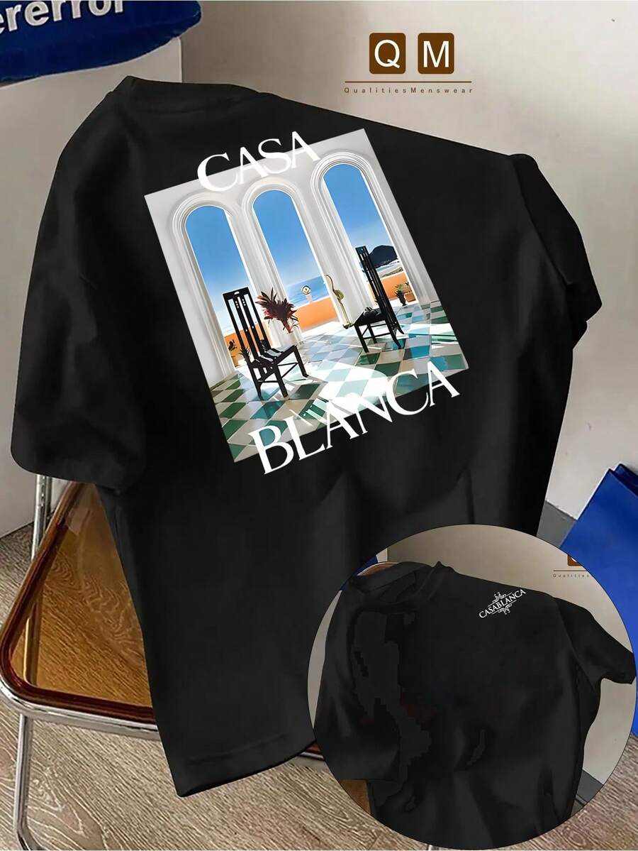 Men's Dual-Sided Print Casa Blanca Graphic & Geometric Pattern Short Sleeve T-Shirt - Breathable Regular Fit Casual Summer Tee For Vacation & Casual Attire, Machine Washable, Summer T Shirts, Warm Weather Apparel, Stylish Design, Soft Texture, Print Top, Adult Men, Leisure Outfit, Lightweight Shirt, Fashionconscious Men - 黑色 - 查看 1