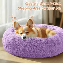 Calming Dog & Bed Small Dogs, Anti-Anxiety Donut Cuddler Cozy Soft Round Bed With Anti-Slip Bottom, Fluffy Faux Fur Plush Cushion Beds Small Medium Pets (20) - 紫色 - 查看 4