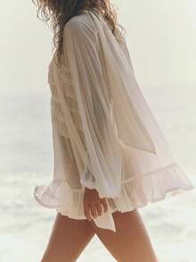 Women Ruffle Layered Flowy Shirt With Scarf Long Sleeve Tiered Peplum Babydoll Blouse Sheer Chiffon Summer Oversized Casual Peasant Tank Top Semi See Through Layers Vacation Beachwear Going Out Top - trắng - Xem 4