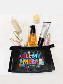 网状尼龙带卡通药瓶药丸图案“All My Medicas”印花女士便携式收纳袋，多用途化妆包，药品拉链收纳袋，女士化妆包旅行洗漱包，旅行装备充电器收纳袋 - 彩色 - 查看 3