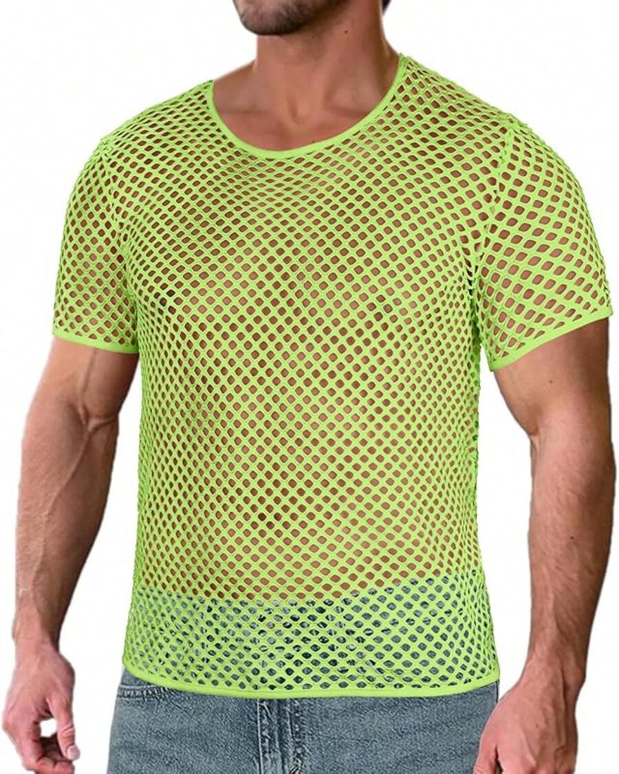 Men's Mesh Fishnet Top Short Sleeve Sheer See Through T Shirt Fitted Muscle Blouse Clubwear - Fluorescent Green - 查看 1