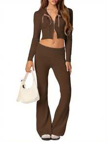 Womens Two Piece Outfits Set Long Sleeve Zip Up Cropped Hoodie And Bootcut Pants Set Loungewear - Brown - View 5