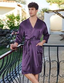 Mens Satin Robe Lightweight Silky Kimono Bathrobe 3/4 Sleeve Spa Knee Length Loungewear With Pockets S-3XLhalloween - Dark Purple - View 4