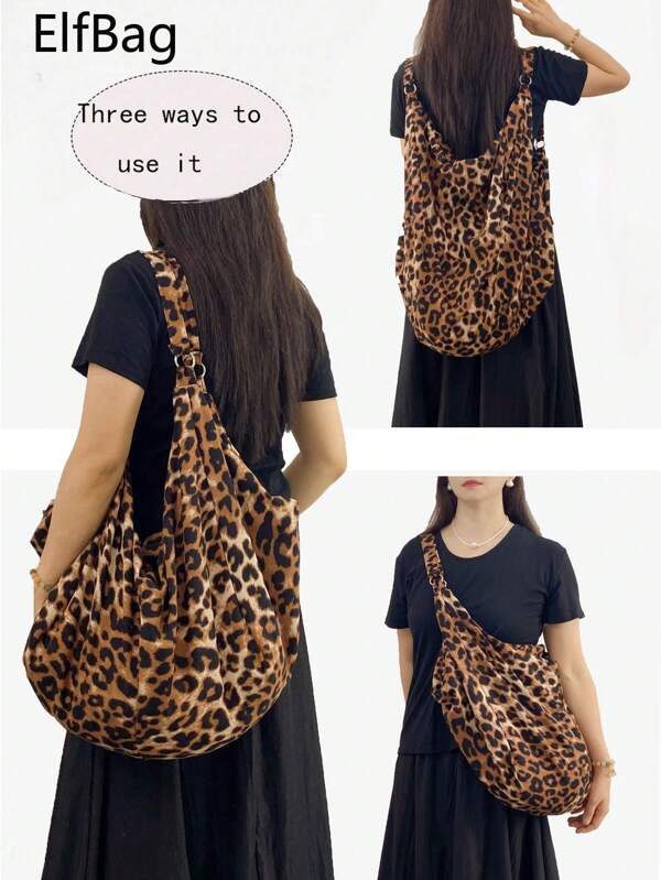 Large Capacity Leopard Print Shoulder Bag, Women's Crossbody Bag, Casual Multi-Purpose Tote Bag, Zipper Closure, Soft Fabric, Lightweight And Foldable, Suitable For Work, Study, Travel, New Fall Winter Cheetah Print Purse For Women