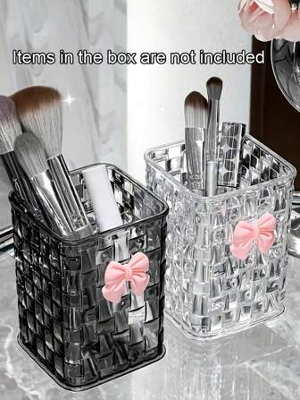 1pc Woven-Texture Plastic Makeup Brushes Holder With Butterfly Sticker - Large Capacity Desktop Pens Organizer Box, Durable Plastic Transparent White/Black, Multi-Purpose Desktop Storage Container For Makeup Brushes, Pens, Lipsticks, And Stationery, Neat Storage - Perfect For Desks, Vanity Tables, Bathrooms, And Bedroom Nightstands, Dorm, Office (DIY Butterfly)