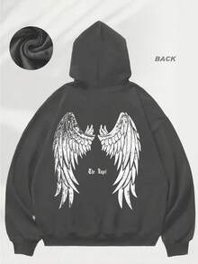 Hooded Sweatshirt Black Angel Wings Print Casual Wear For Daily Use - Grey - View 7