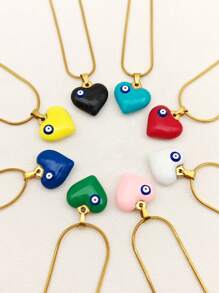 1pc Fashion Versatile Titanium Steel Heart & Evil Eye Pendant Necklace, Unique Personalized Choker Necklace