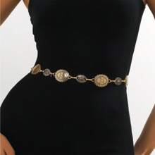 1pc Vintage Graphic Gold Women Fashion Body Jewelry Metal Waist Chain, Bohemian Style Accessory For Dresses & Skirts