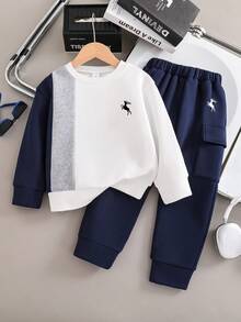 Toddler Cartoon Pattern Printed Warm Crew Neck Sweatshirt And Long Pants Set