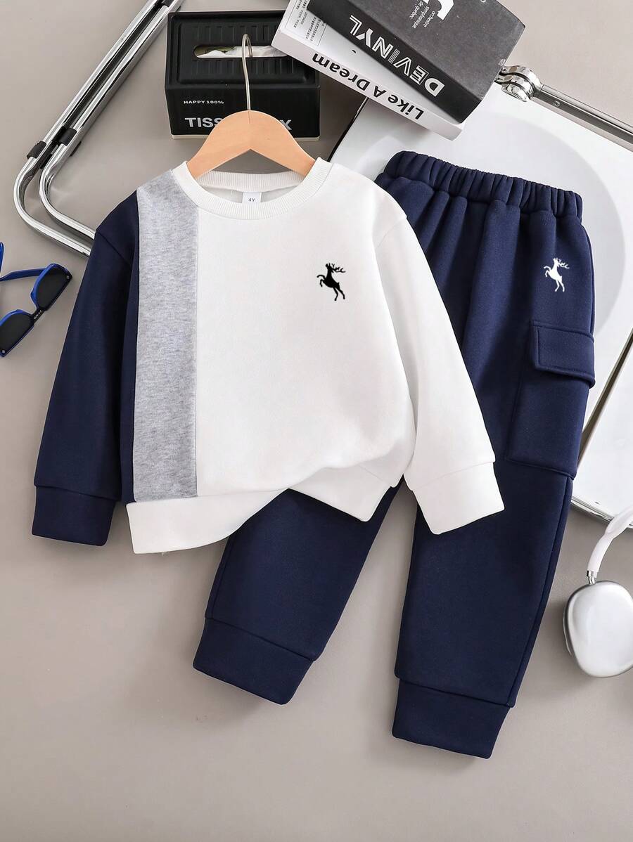 Toddler Cartoon Pattern Printed Warm Crew Neck Sweatshirt And Long Pants Set