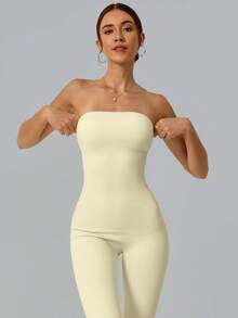 NcmRyu 1 Set Solid Color Seamless Tube Top Bodysuit Women S Slimming Jumpsuit Fitness Apparel Yoga Wear Gym Activewear Stretchable Body Shaper Sleeveless Flare Jumpsuit Comfortable Activewear For Fitness Gym Running And Outdoor Activities - 奶油白 - 查看 3