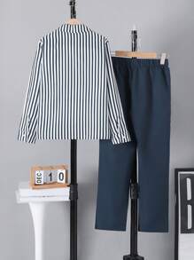 2pcs/Set Boys' Spring & Autumn Striped Long Sleeve Lapel Shirt & Pants Suit, Comfortable Casual Outfit, School Style