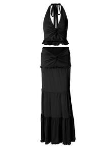 Women Casual Ruched Ruffled Slim Halter Crop Top&Skirt Spring Summer Party Vacation Night Out 2 Pieces Sets - Black - View 4