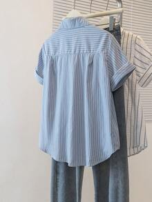 YUXIN 女士竖条纹刺绣短袖衬衫，夏季时尚立领宽松休闲上衣