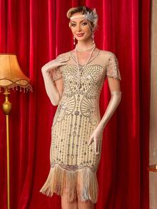 20 世纪 20 年代女士轻佻连衣裙，透明串珠袖子，了不起的盖茨比连衣裙，咆哮的 20 年代连衣裙服装 - 杏色 - 查看 5
