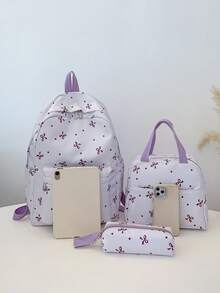 三件套休闲学院风蝴蝶结印花背包套装，包含背包、午餐包、斜挎包和铅笔盒，带笔记本电脑隔层、可调节肩带、多口袋，多功能日常背包套装，适合女性/女孩/青少年/大学生/毕业生，日常使用/度假/旅行/返校，可爱蝴蝶结背包，返校必备，大学背包，大学必备单品 - 紫色 - 查看 4