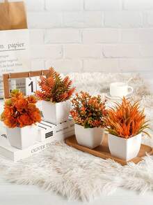4盆/2盆/1盆迷你仿真花卉植物，盆栽仿真小植物，家居办公桌装饰，厨房绿植，秋季餐桌摆件，乡村风格房间装饰，咖啡桌装饰，适合秋季、万圣节、圣诞节（橙色） - 彩色 - 查看 1