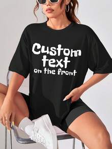 Customized Personalized Gift, Customizable Women's T-Shirt With Front And Back Patterns, Can Add Text, Both Front And Back Patterns Can Be Customized, You Can Choose Your Favorite Colors And Fonts, Design Your Exclusive Personalized Printed T-Shirt As A Gift For Your Girlfriend, Also Available In Hoodies And Couple Date T-Shirts, Etc. Black Summer,Gym Wear ,Yoga Friendly - Black - View 2