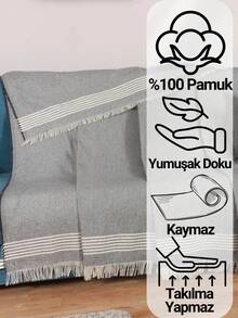 Wyprodukowano w Turcji - Vosvera 180x225 cm Naturalna bawełniana narzuta na sofę z 2 szt. 40x40 cm poszewek na poduszki – narzuta na sofę na leżanki i kanapy