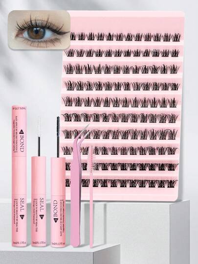 120 piezas Juego de pestañas postizas de gran capacidad, estilo rizado C esponjoso, incluye pegamento para pestañas, pinzas, cepillo, suave y cómodo, crea un maquillaje de ojos perfecto. Juego de racimos de pestañas, pestañas postizas.