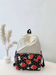 1 Pc New Style Girls' Strawberry Print Fabric Backpack With Adjustable Straps, Zipper Closure, Multifunctional Foldable Design, Perfect For Travel, School, Outdoor Activities, And Holiday Gifts