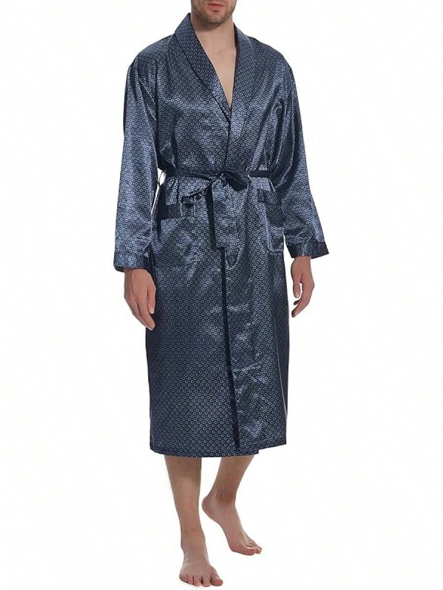 Lavenderi Mens Silky Satin Lounge Robe, Long Lightweight Sleepwear - Impresión circular - Ver 1