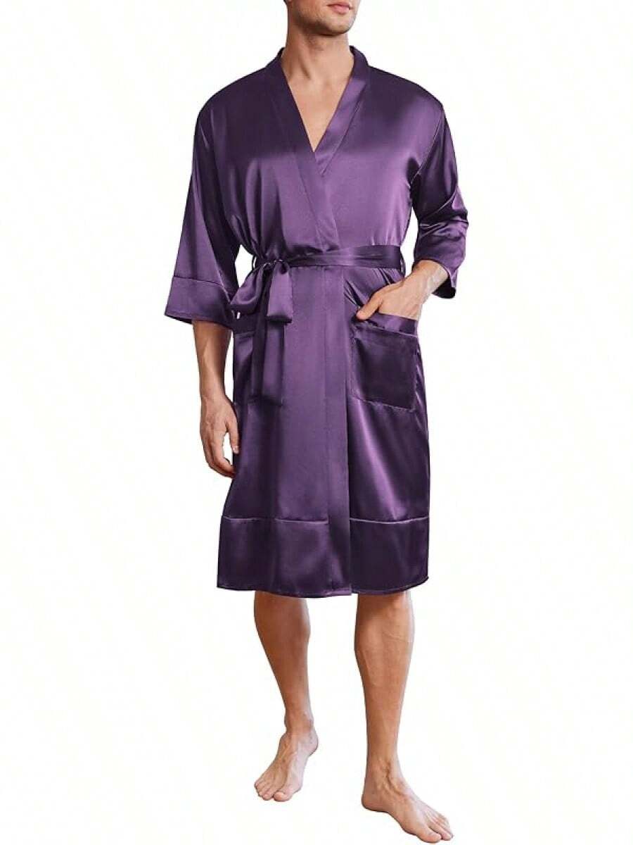 Mens Satin Robe Lightweight Silky Kimono Bathrobe 3/4 Sleeve Spa Knee Length Loungewear With Pockets S-3XLhalloween - Dark Purple - View 1