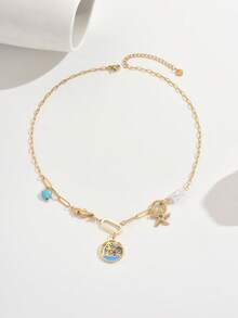 1pc Ocean Vacation Style Necklace With Blue Heart, Seahorse, Starfish Pendant Elements, Unique Fresh Design - Yellow Gold - View 7