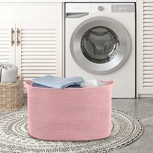 Extra Large Pink Storage Basket, 23.6" X 17" X 12" Rectangle Blanket Basket Living Room, Woven Cotton Rope Basket, Toy Basket Bins, Pink Baskets For Decor, Wicker Baby Laundry Basket - 淺粉色 - 查看 8
