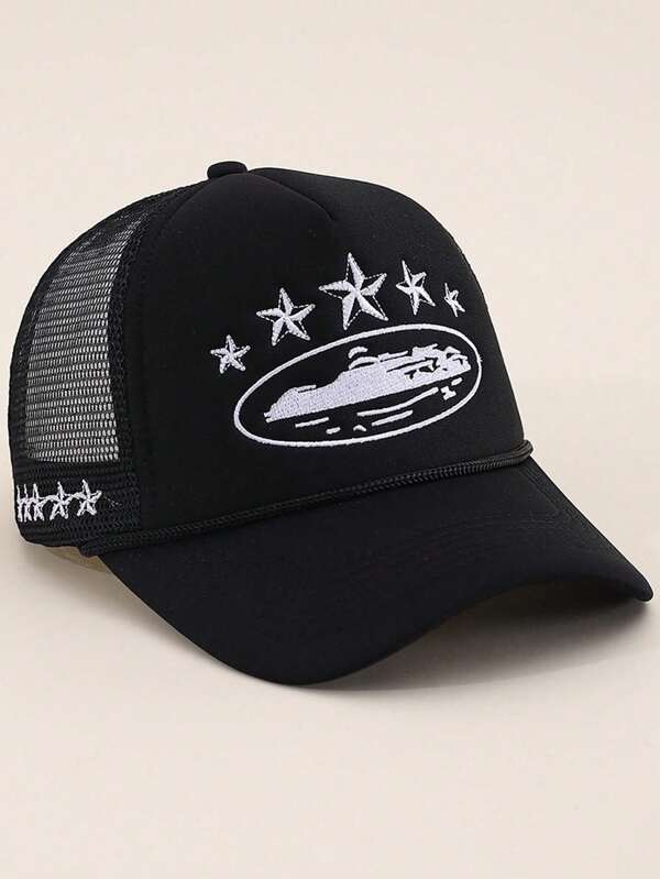 1pc Embroidered Five Pointed Star Baseball Mesh Cap, Adjustable Outdoor Sun Protection Casual Hat, Suitable For Spring, Autumn Travel, Beach, For Men And Women, Y2K Style