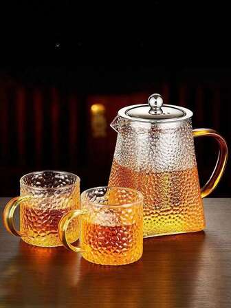 1 Piece Of Glass Square Hammer Pattern Teapot, Stainless Steel Teapot With Steaming And Cooking, Household Teapot With Cold And High Temperature Resistance, Home-Based Teapot With Glass Or Open Flame Heating, Hammer Pattern Teapot.