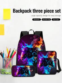 3 Pieces Set Backpack For Boys Girls, Kids Game Controller Patterned Backpack For Teens Elementary Middle High School Students, Large Capacity School Bags With Shoulder Bags And Pencil Case For Back To School Gift