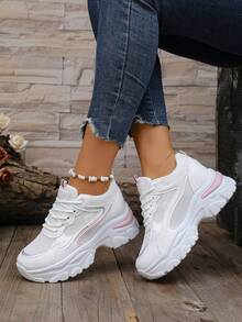 Women's Chunky Sneakers, 2025 New Arrivals, Autumn Thick-Soled Casual Lace-Up Shoes, Comfortable & Versatile - Pink - View 2