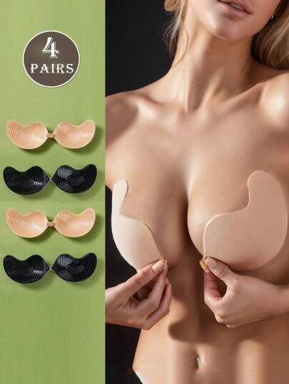 4pairs Invisible Lift Bra, Women Backless Strapless Bra, Seamless Self-Adhesive Silicone Breast Petals Pasties, Suitable For Wedding Dress, Skin Color & Black, Reusable, Suitable For All Seasons