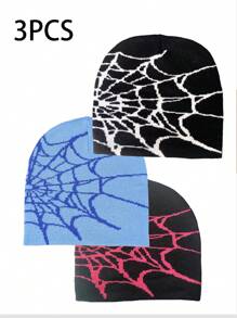 3 件蜘蛛网休闲街头风格腈纶混纺拼色针织帽，适合日常穿着秋季配饰 - 彩色 - 查看 12