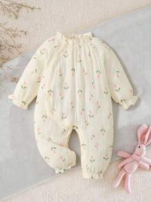 MommBaby Momm Baby Girls' Romper With High Collar, Side Open Chest, Ruffle Trim, Ditsy Floral, Soft Long Sleeve Jumpsuit, Adorable Outfit For Spring/Autumn